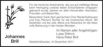 Traueranzeige von Johannes Brill von HERSFELDER ZEITUNG