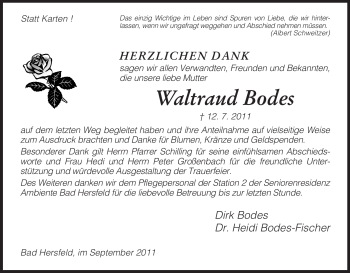 Traueranzeige von Waltraud Bodes von HERSFELDER ZEITUNG