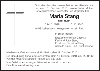 Traueranzeige von Maria Stang von HERSFELDER ZEITUNG