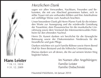 Traueranzeige von Hans Leister von HERSFELDER ZEITUNG