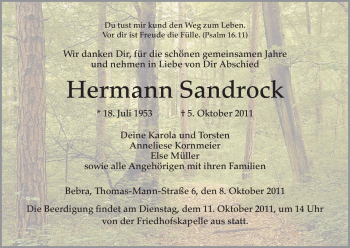 Traueranzeige von Hermann Sandrock von HERSFELDER ZEITUNG