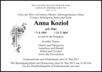 Traueranzeige von Anna Koziol von Hersfeld