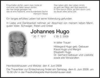 Traueranzeige von Johannes Hugo von HERSFELDER ZEITUNG