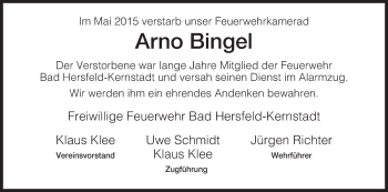Traueranzeige von Arno Bingel von Hersfeld