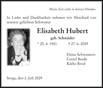 Traueranzeige von Elisabeth Hubert von HERSFELDER ZEITUNG