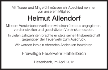 Traueranzeige von Helmut Allendorf von HERSFELDER ZEITUNG