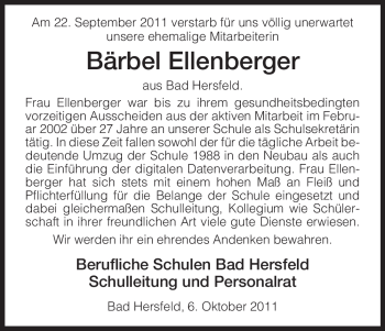 Traueranzeige von Bärbel Ellenberger von HERSFELDER ZEITUNG