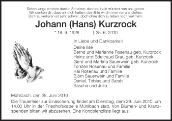 Traueranzeige von Johann Kurzrock von HERSFELDER ZEITUNG