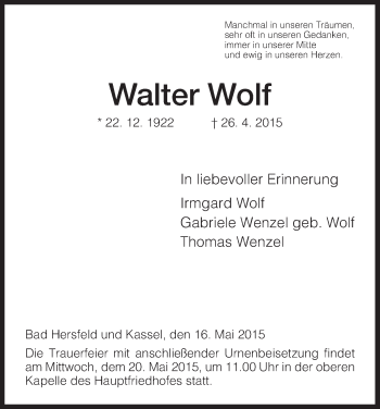 Traueranzeige von Walter Wolf von Hersfeld