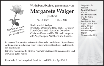 Traueranzeige von Margarete Walger von HERSFELDER ZEITUNG
