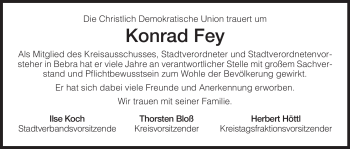 Traueranzeige von Konrad Fey von HERSFELDER ZEITUNG