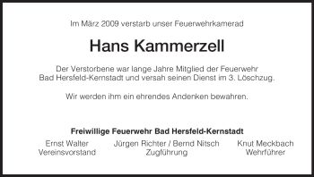 Traueranzeige von Hans Kammerzell von HERSFELDER ZEITUNG