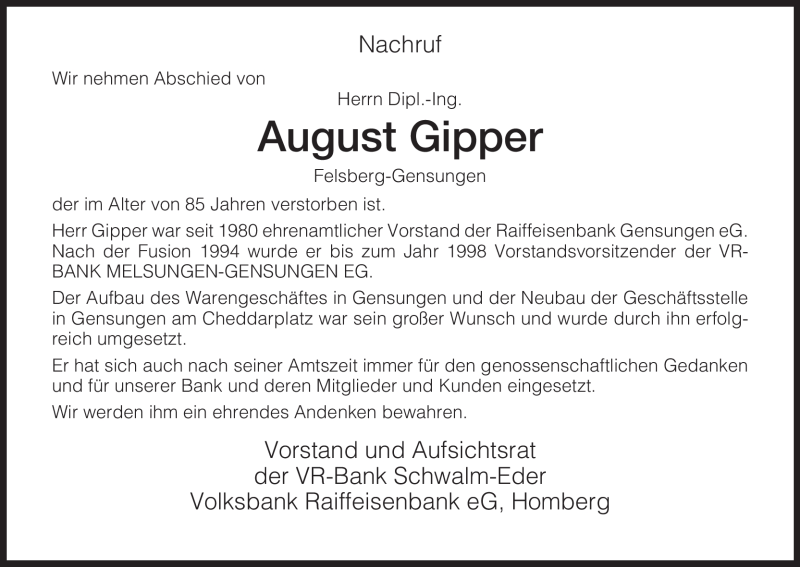  Traueranzeige für August Gipper vom 03.05.2011 aus HERSFELDER ZEITUNG