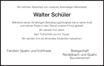 Traueranzeige von Walter Schüler von HERSFELDER ZEITUNG