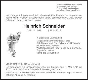 Traueranzeige von Heinrich Schneider von HERSFELDER ZEITUNG