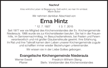 Traueranzeige von Erna Hintz von Hersfeld