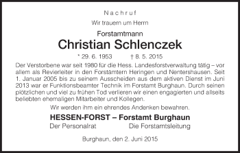 Traueranzeige von Christian Schlenczek von Hersfeld