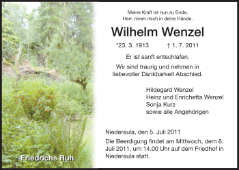 Traueranzeige von Wilhelm Wenzel von HERSFELDER ZEITUNG