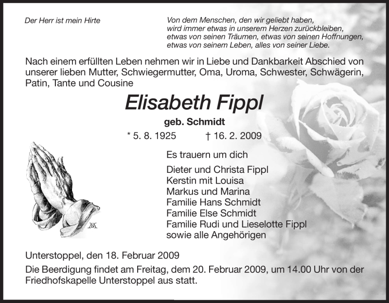  Traueranzeige für Elisabeth Fippl vom 18.02.2009 aus HERSFELDER ZEITUNG