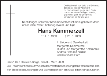 Traueranzeige von Hans Kammerzell von HERSFELDER ZEITUNG