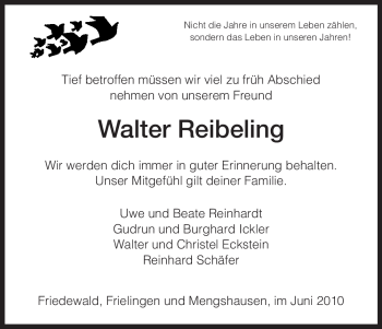 Traueranzeige von Walter Reibeling von HERSFELDER ZEITUNG