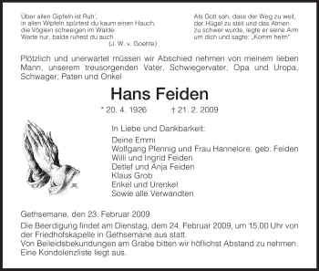 Traueranzeige von Hans Feiden von HERSFELDER ZEITUNG