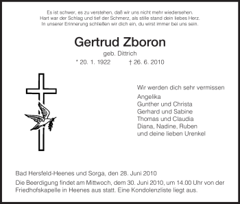 Traueranzeige von Gertrud Zboron von HERSFELDER ZEITUNG