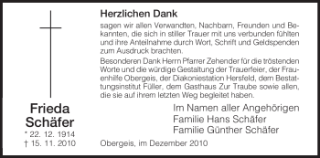 Traueranzeige von Frieda Schäfer von HERSFELDER ZEITUNG