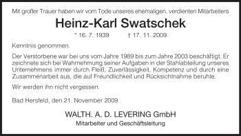 Traueranzeige von Heinz-Karl Swatschek von HERSFELDER ZEITUNG