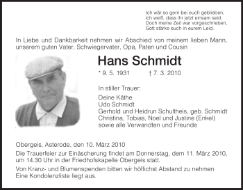 Traueranzeige von Hans Schmidt von HERSFELDER ZEITUNG