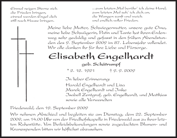 Traueranzeige von Elisabeth Engelhardt von HERSFELDER ZEITUNG