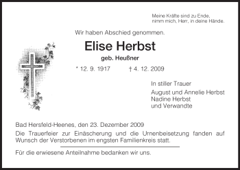 Traueranzeige von Elise Herbst von HERSFELDER ZEITUNG