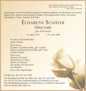 Traueranzeige von ELISABETH SCHÄFER von HERSFELDER ZEITUNG