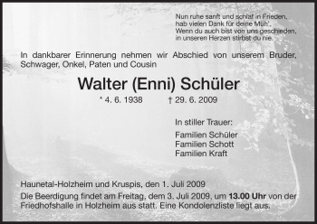 Traueranzeige von Walter Schüler von HERSFELDER ZEITUNG