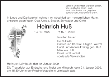 Traueranzeige von Heinrich Huß von HERSFELDER ZEITUNG