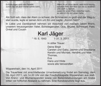 Traueranzeige von Karl Jäger von HERSFELDER ZEITUNG