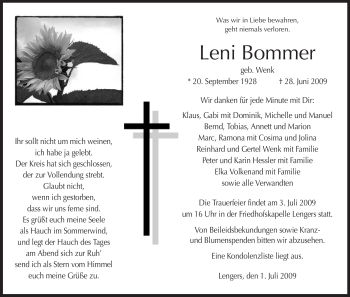 Traueranzeige von Leni Bommer von HERSFELDER ZEITUNG