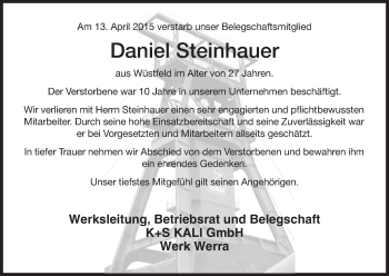 Traueranzeige von Daniel Steinhauer von Hersfeld