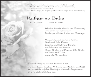 Traueranzeige von Katharina Bube von HERSFELDER ZEITUNG