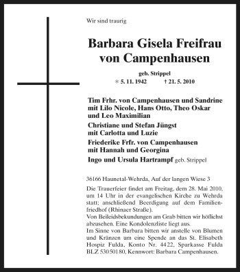 Traueranzeige von Barbara Gisela von Campenhausen von HERSFELDER ZEITUNG