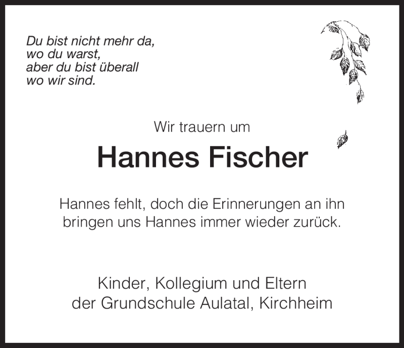  Traueranzeige für Hannes Fischer vom 26.11.2009 aus HERSFELDER ZEITUNG