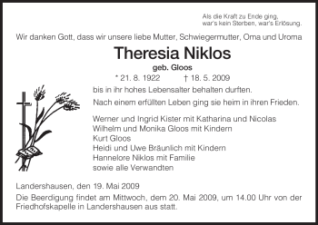 Traueranzeige von Theresia Niklos von HERSFELDER ZEITUNG