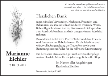 Traueranzeige von Marianne Eichler von HERSFELDER ZEITUNG