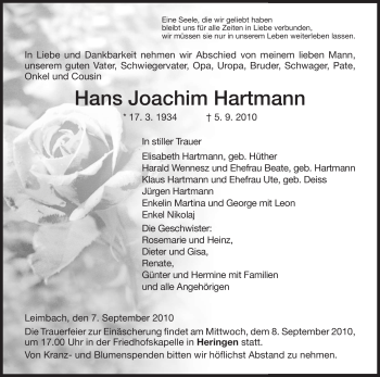 Traueranzeige von Hans Joachim Hartmann von HERSFELDER ZEITUNG