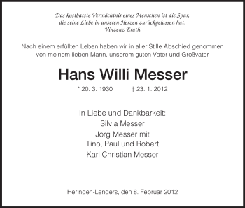 Traueranzeige von Hans Willi Messer von HERSFELDER ZEITUNG