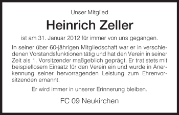 Traueranzeige von Heinrich Zeller von HERSFELDER ZEITUNG