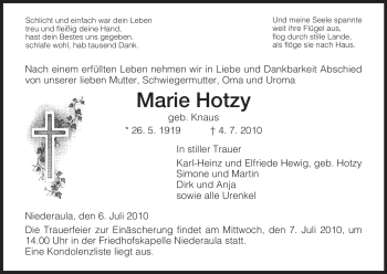 Traueranzeige von Marie Hotzy von HERSFELDER ZEITUNG