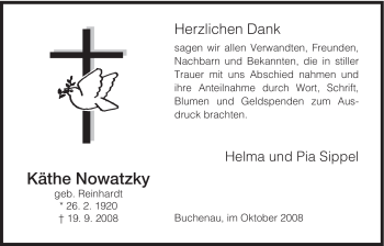 Traueranzeige von Käthe Nowatzky von HERSFELDER ZEITUNG