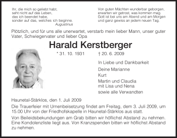 Traueranzeige von Harald Kerstberger von HERSFELDER ZEITUNG