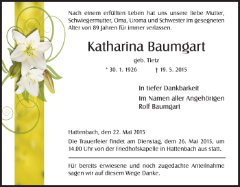 Traueranzeige von Katharina Baumgart von Hersfeld